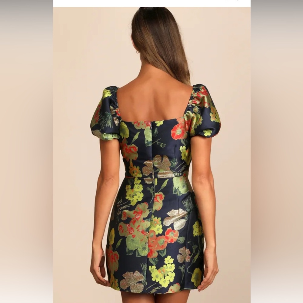 So Stunning Navy Blue Floral Jacquard Puff Sleeve Mini Dress from Lulus - Picture 4 of 6